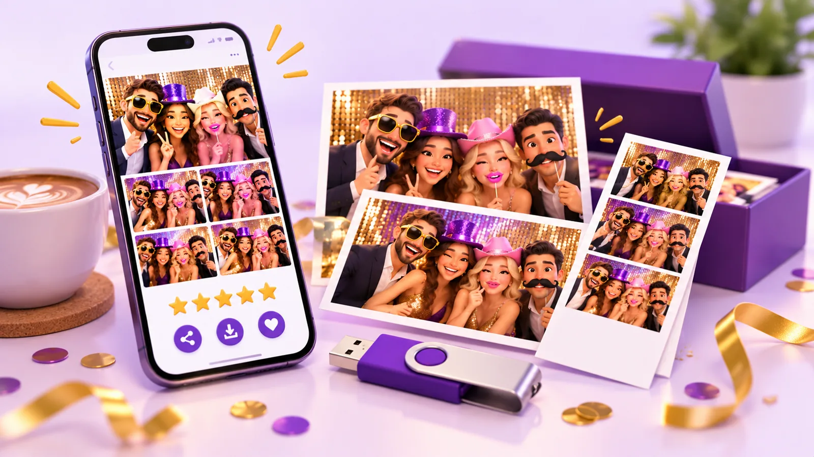 Illustration of party photos in an online gallery on a phone, with printed photos, a photo strip and a USB drive